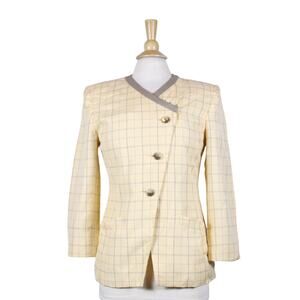 LE SUIT Women Vintage Plaid Yellow Beige Blazer Top 80s 90s asymmetrical sz 4 P